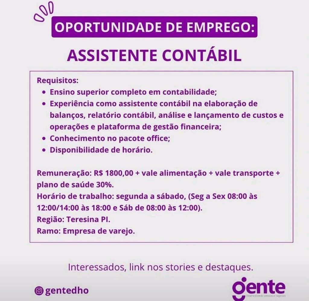 Vaga para Assistente Contábil