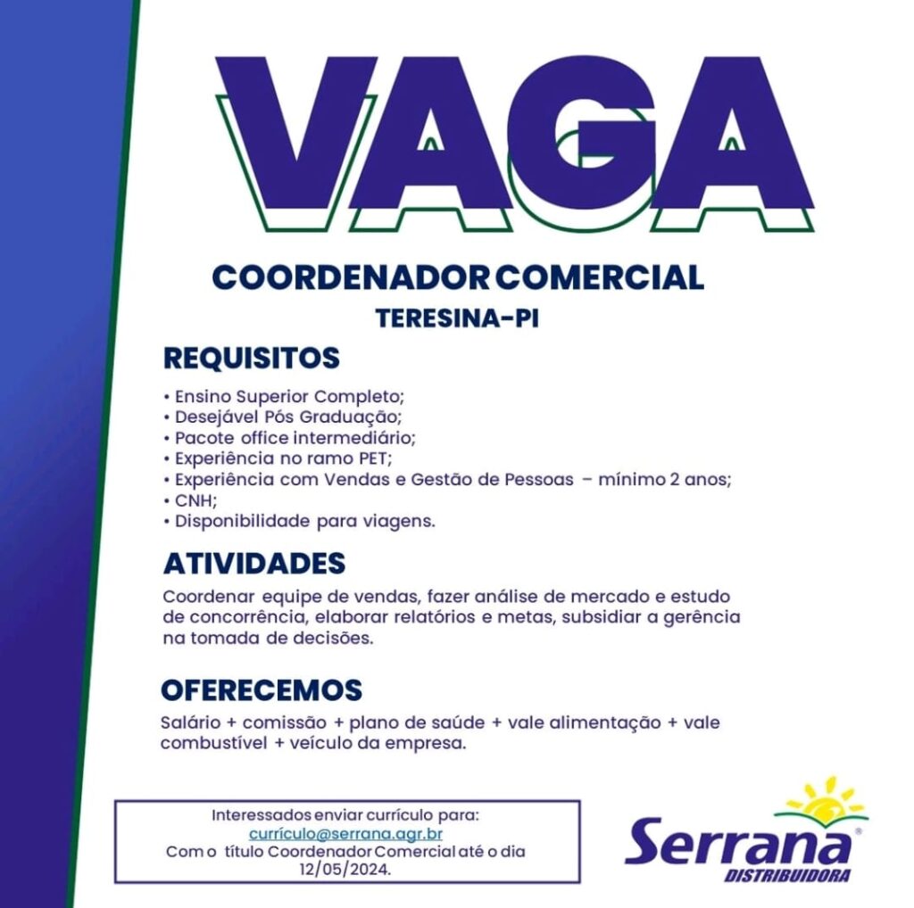 Vaga para Coordenador Comercial