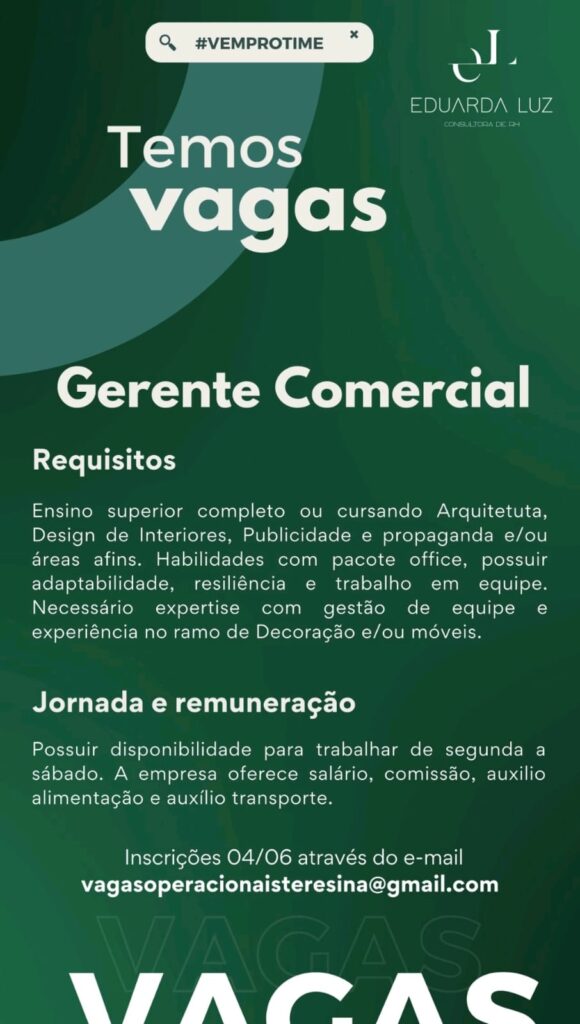 Vaga para Gerente Comercial