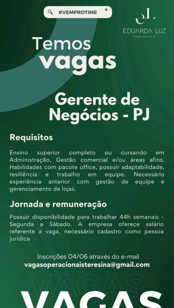 Vaga para Gerente de Negócios