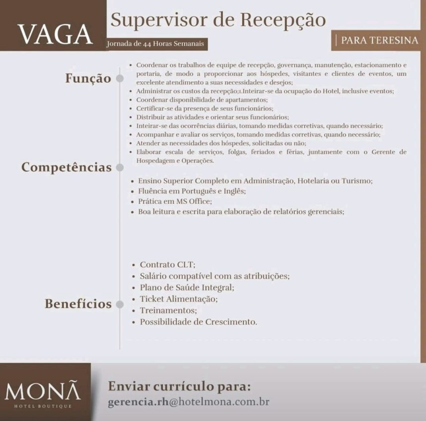 Vaga para Supervisor de Recepção