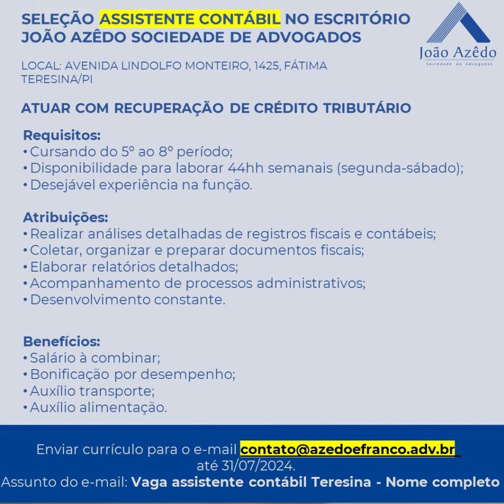 Vaga para Assistente Contábil