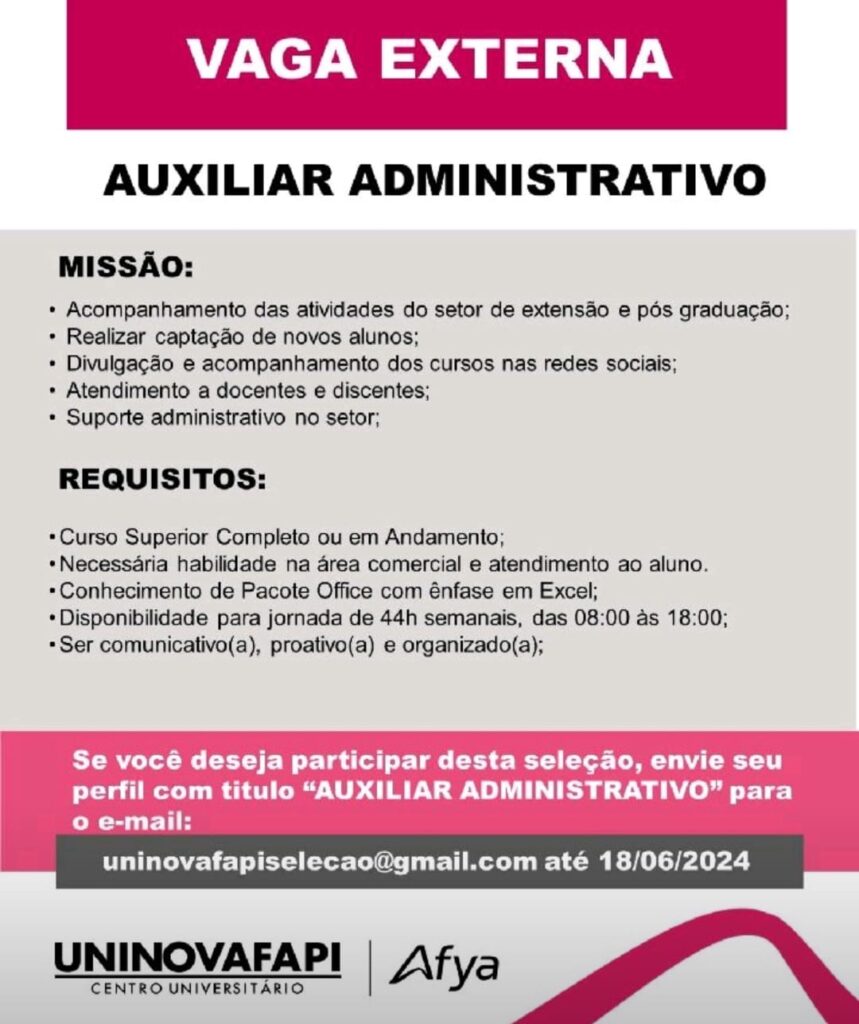 Vaga para Auxiliar Administrativo