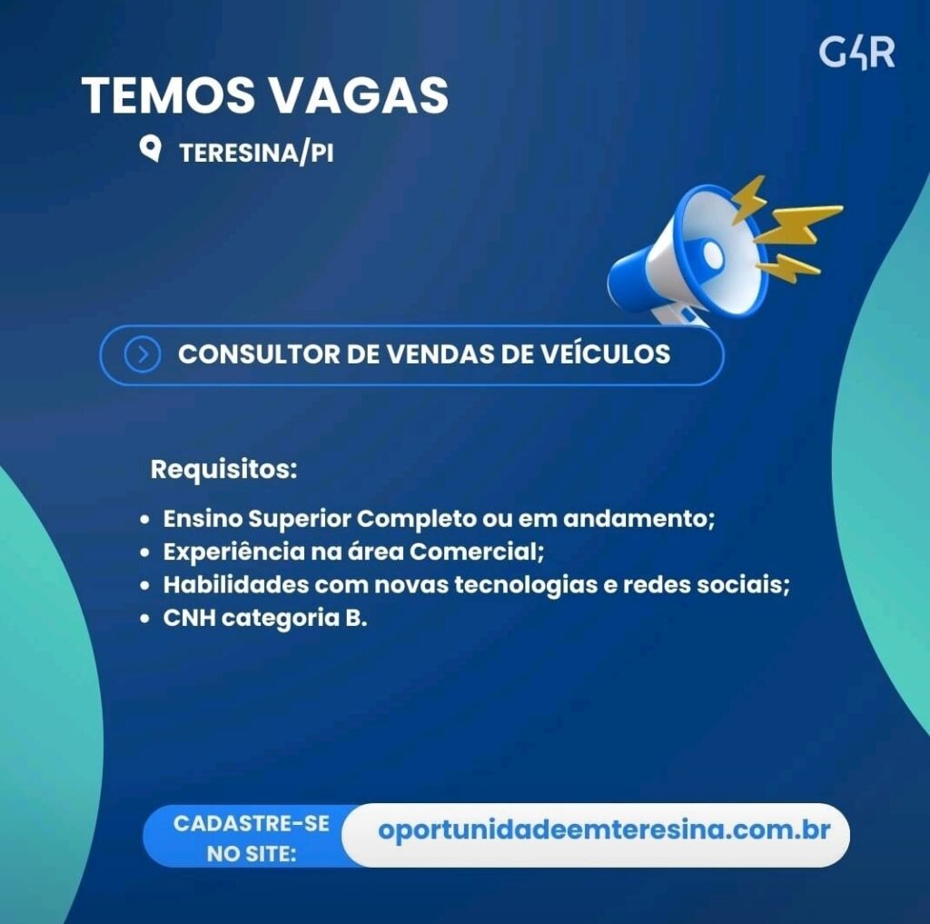 Vaga para Consultor de Vendas de Veículos