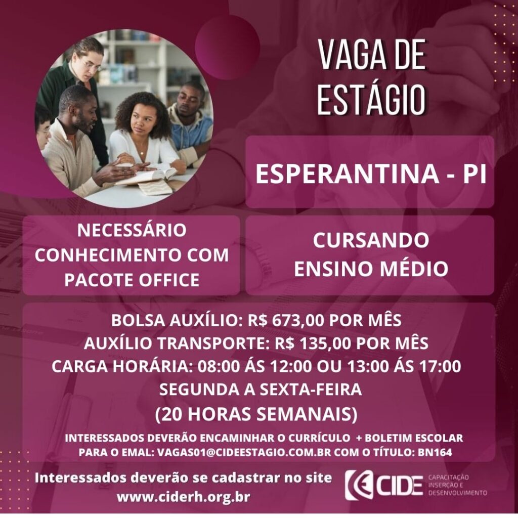 Vaga de estágio para Ensino Médio em Esperantina