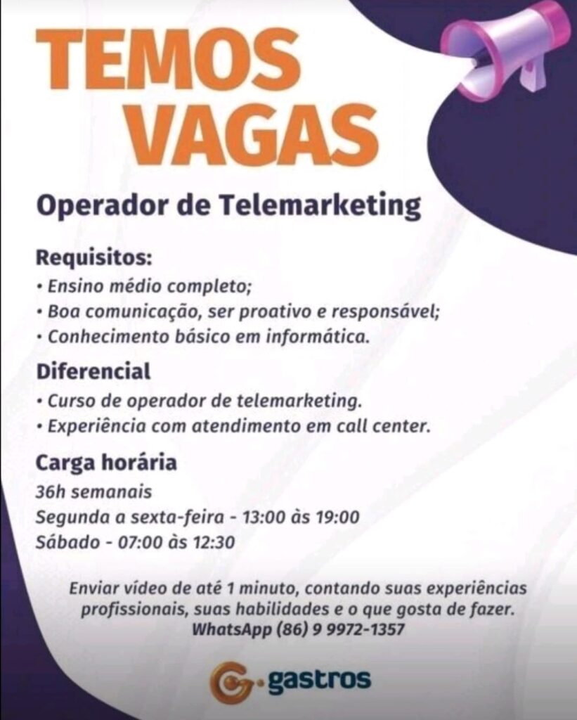 Vaga para Operador de Telemarketing