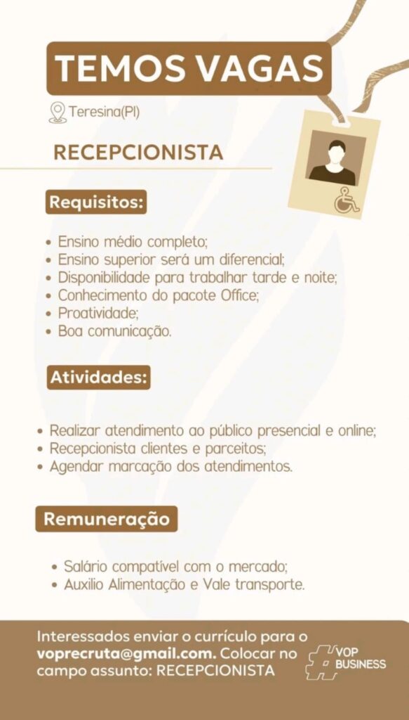 Vagas para Recepcionista 