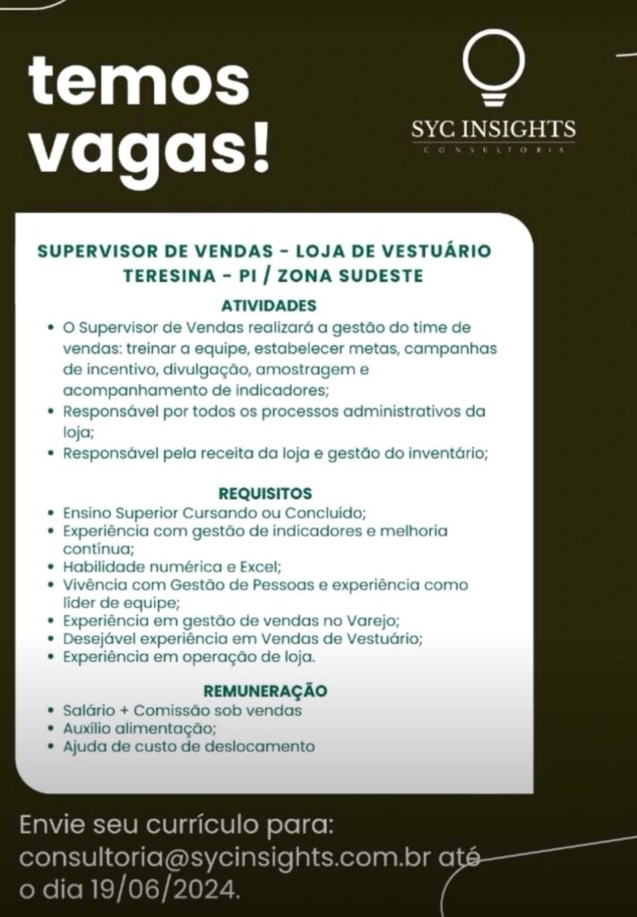 Vaga para Supervisor de Vendas