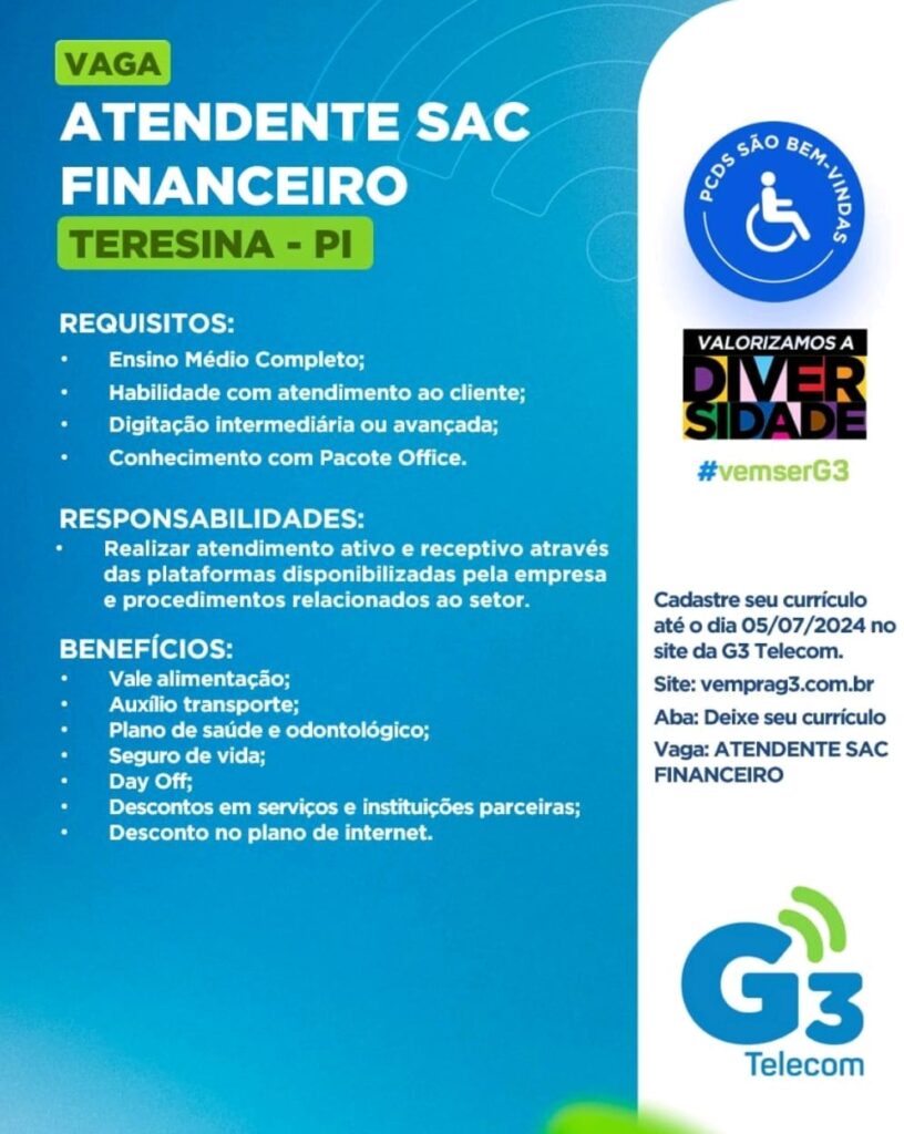 Vaga para Atendente SAC Financeiro