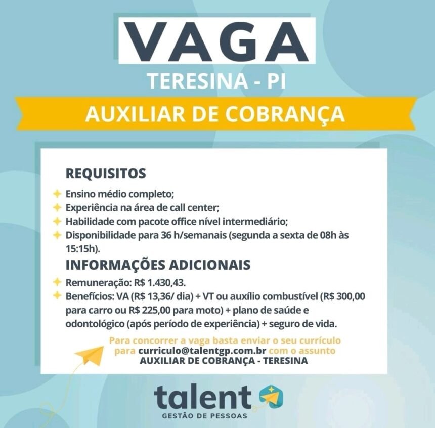 Vaga para Auxiliar de Cobrança