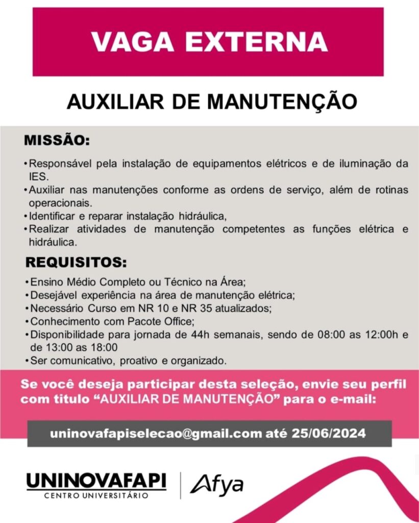 Vaga para Auxiliar de Manutenção