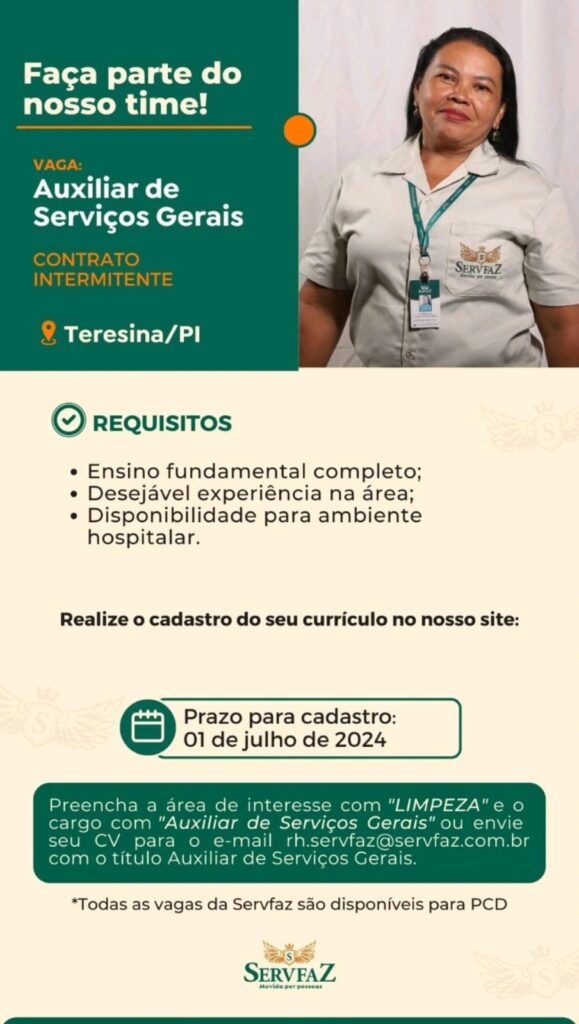 Vaga para Auxiliar de Serviços Gerais