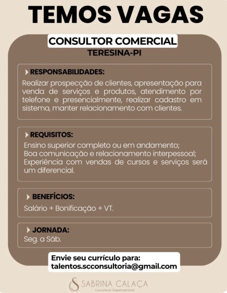 Vaga para Consultor Comercial