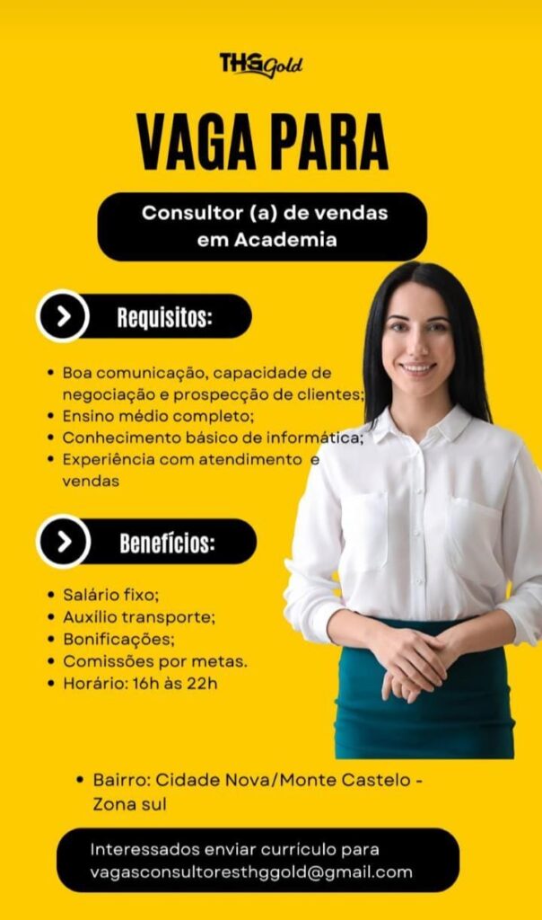 Vaga para Consultor(a) de Vendas em Academia