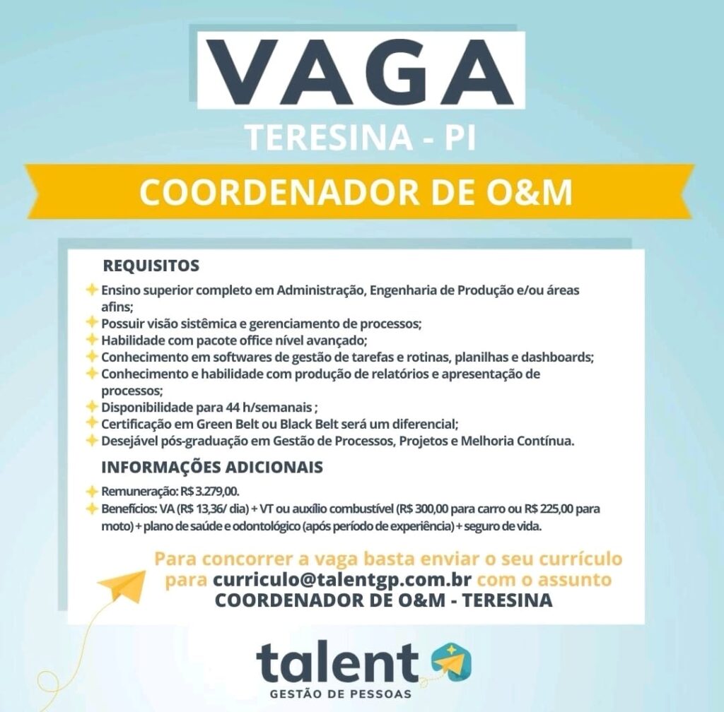 Vaga para Coordenador de O&M