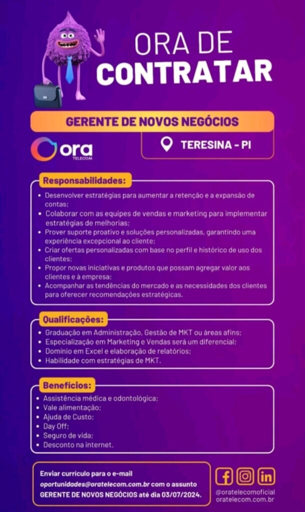 Vaga para Gerente de Novos Negócios