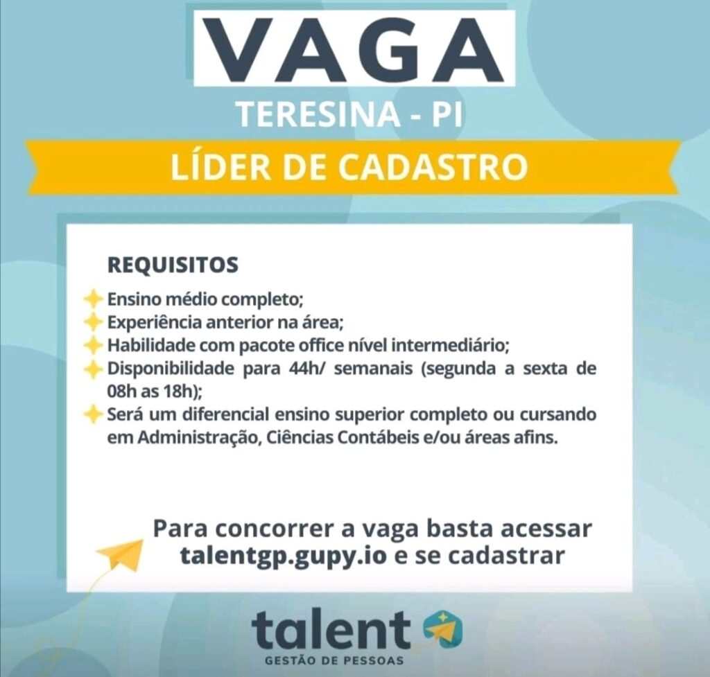 Vaga para Líder de Cadastro