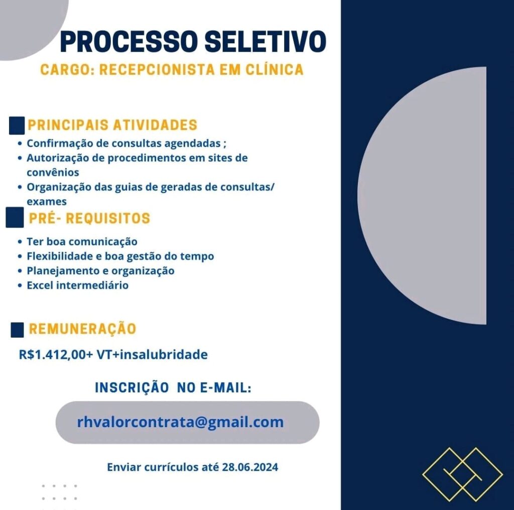 Vaga para Recepcionista em Clínica