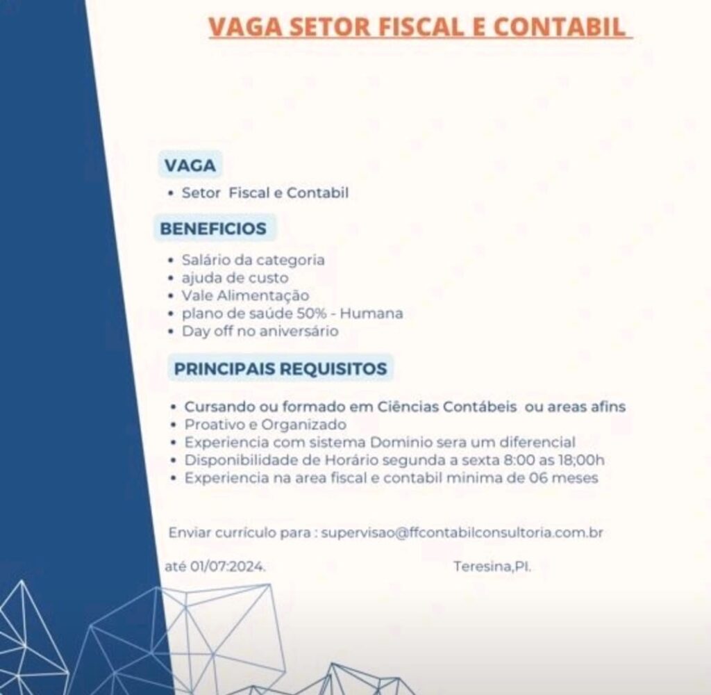 Vaga para Setor Fiscal e Contábil