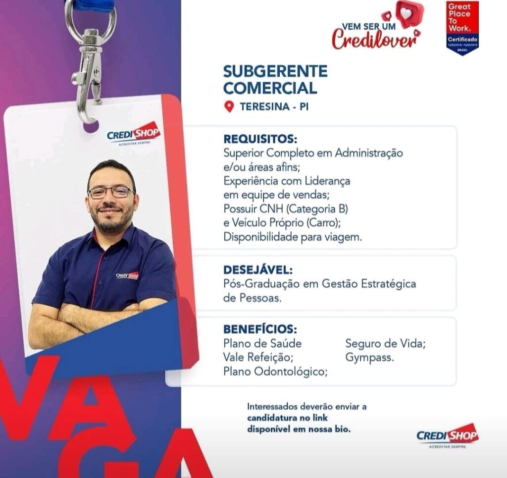 Vaga para Subgerente Comercial