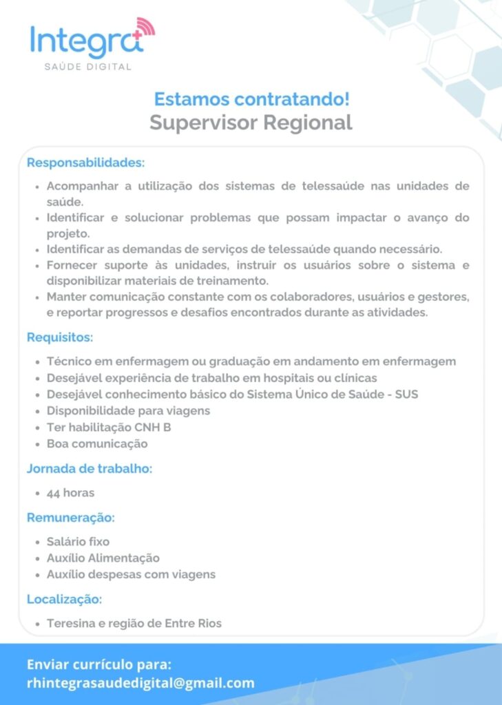 Vaga para Supervisor Regional em Teresina