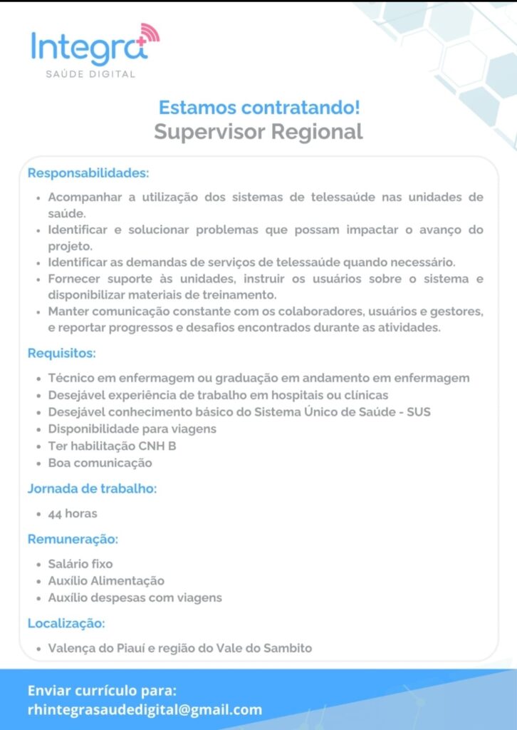 Vaga para Supervisor Regional em Valença do Piauí 