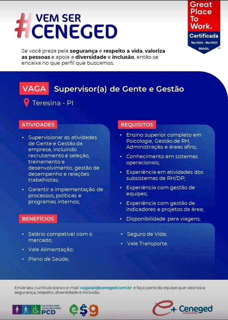 Vaga para Supervisor(a) de Gente e Gestão em Teresina