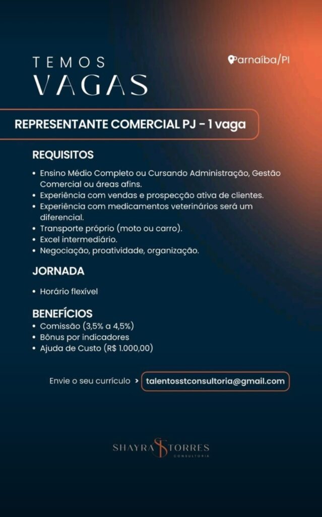 Vaga para Representante Comercial PJ