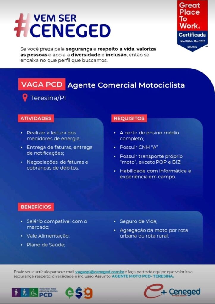 Vaga para Agente Comercial Motociclista (PCD)