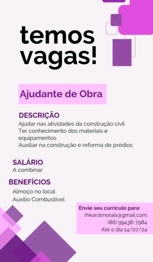 Vaga para Ajudante de Obra