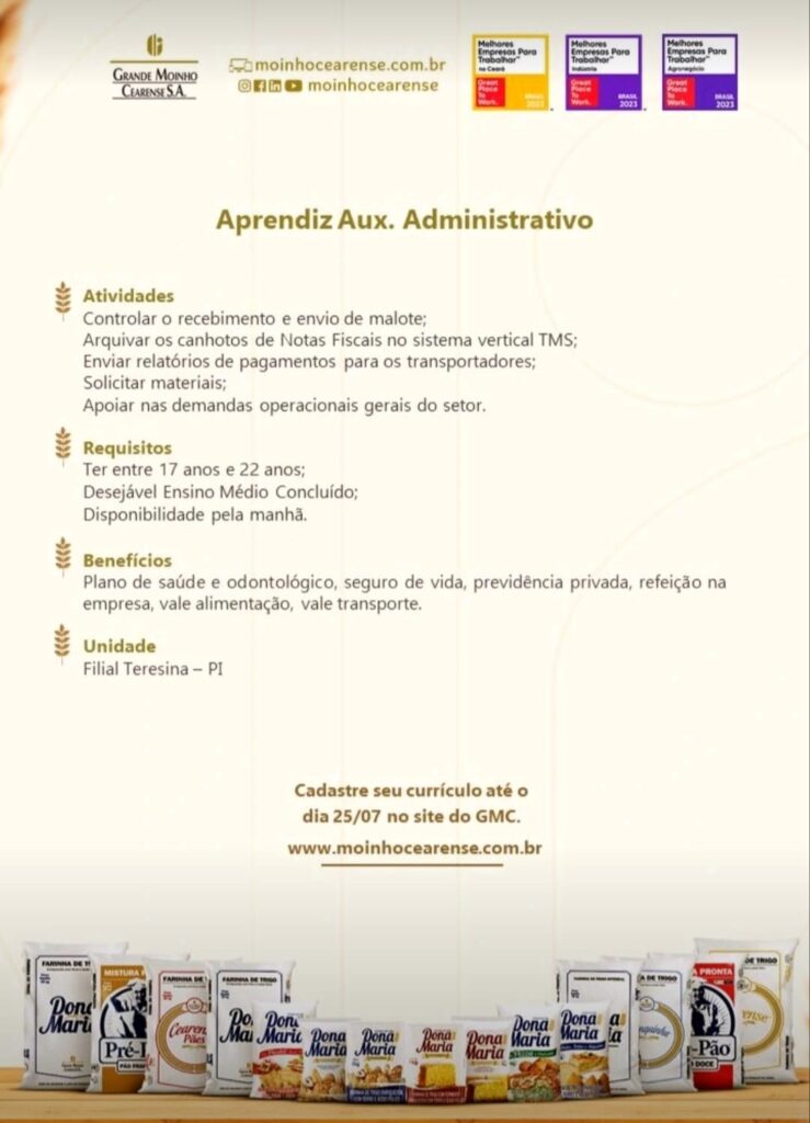 Vaga para Aprendiz de Auxiliar Administrativo