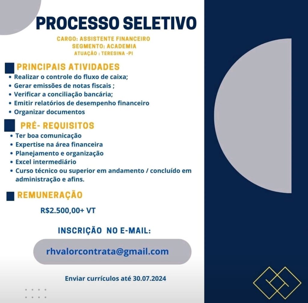 Vaga para Assistente Financeiro