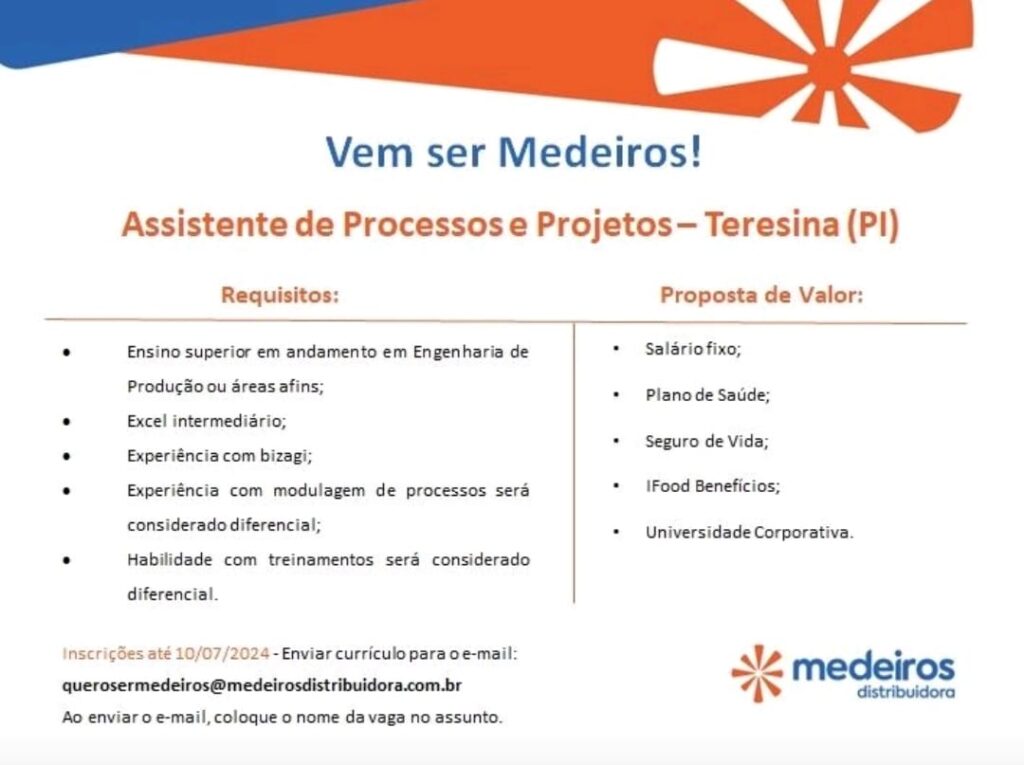 Vaga para Assistente de Processos e Projetos em Teresina