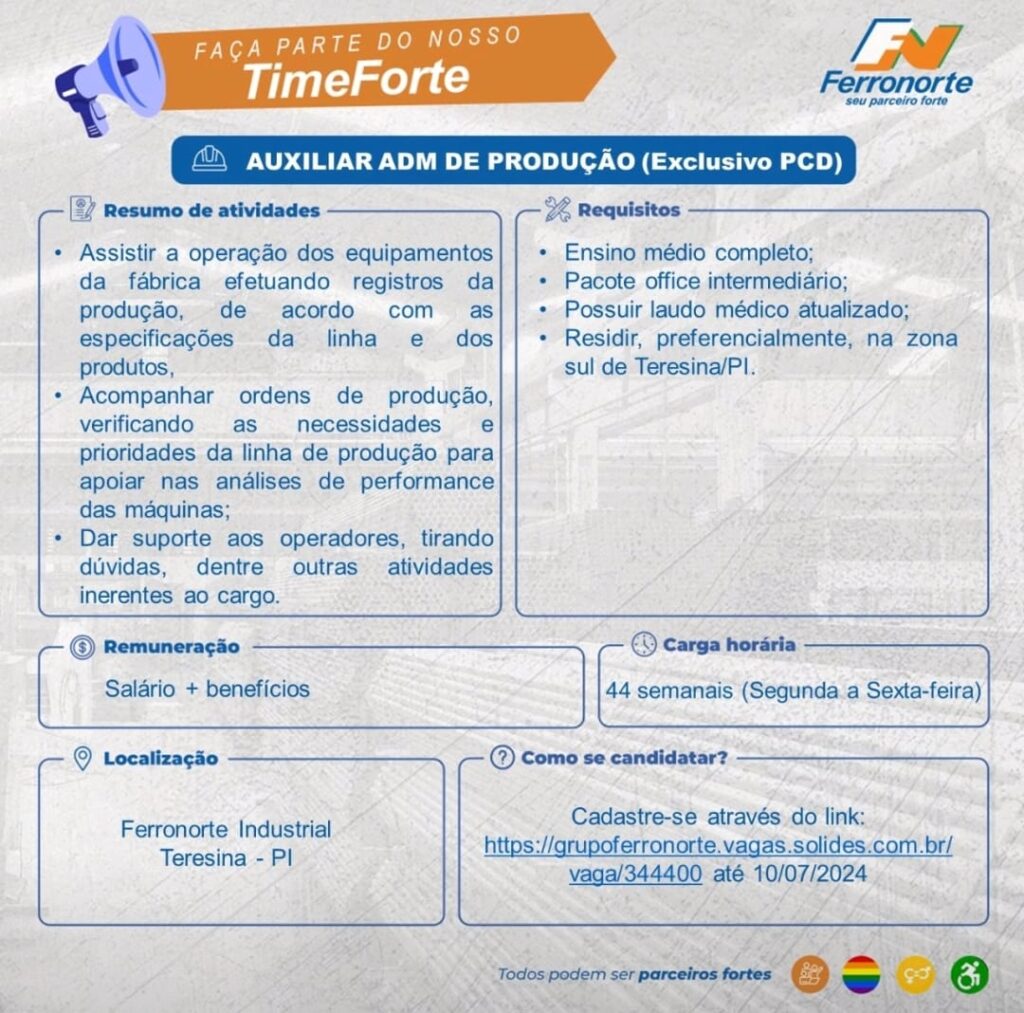 Vaga para Auxiliar ADM de Produção (PCD)