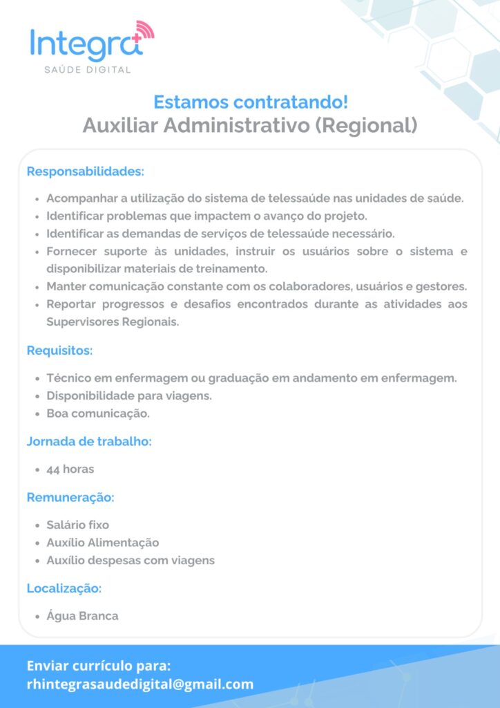 Vaga para Auxiliar Administrativo (Regional) em Água Branca