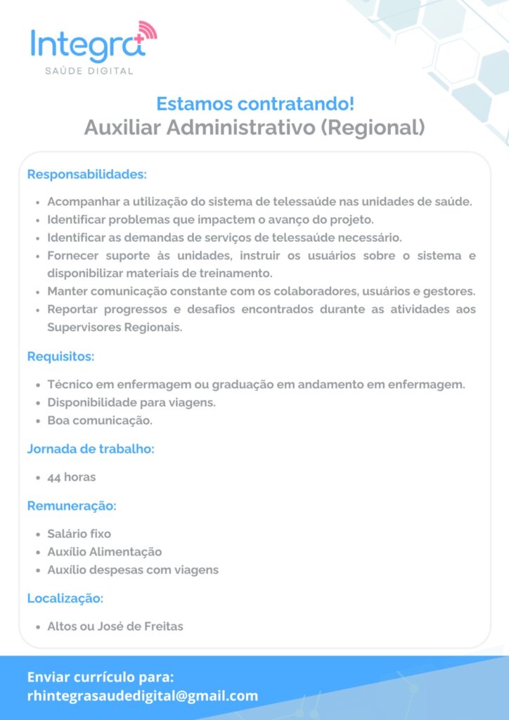 Vaga para Auxiliar Administrativo (Regional) em Altos/José de Freitas