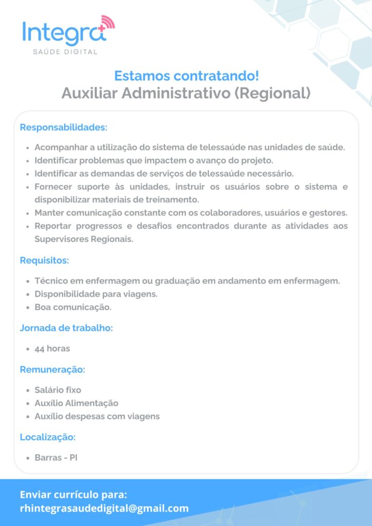 Vaga para Auxiliar Administrativo em Barras