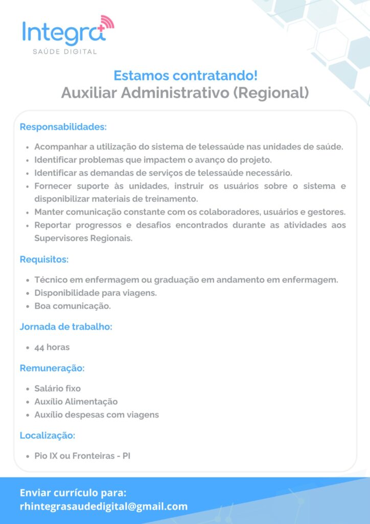 Vaga para Auxiliar Administrativo em Pio IX