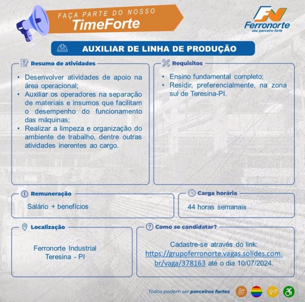 Vaga para Auxiliar de Linha de Produção