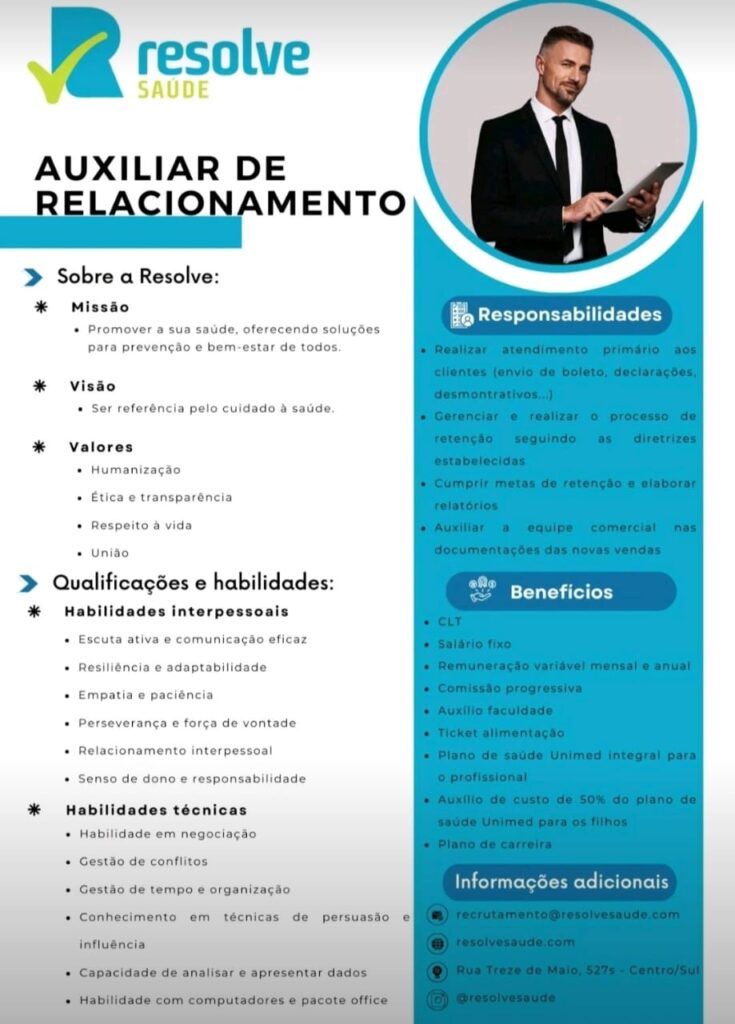 Vaga para Auxiliar de Relacionamento