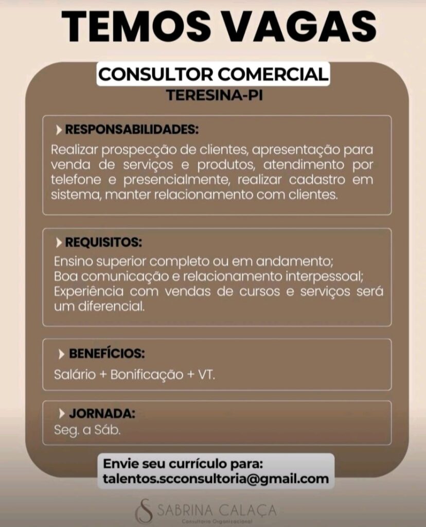 Vaga para Consultor Comercial