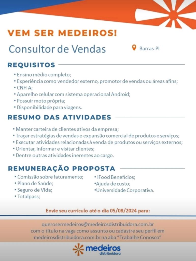 Vaga para Consultor de Vendas em Barras