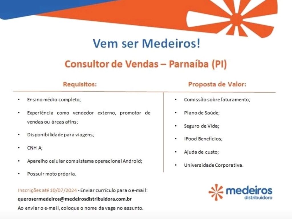 Vaga para Consultor de Vendas em Parnaíba