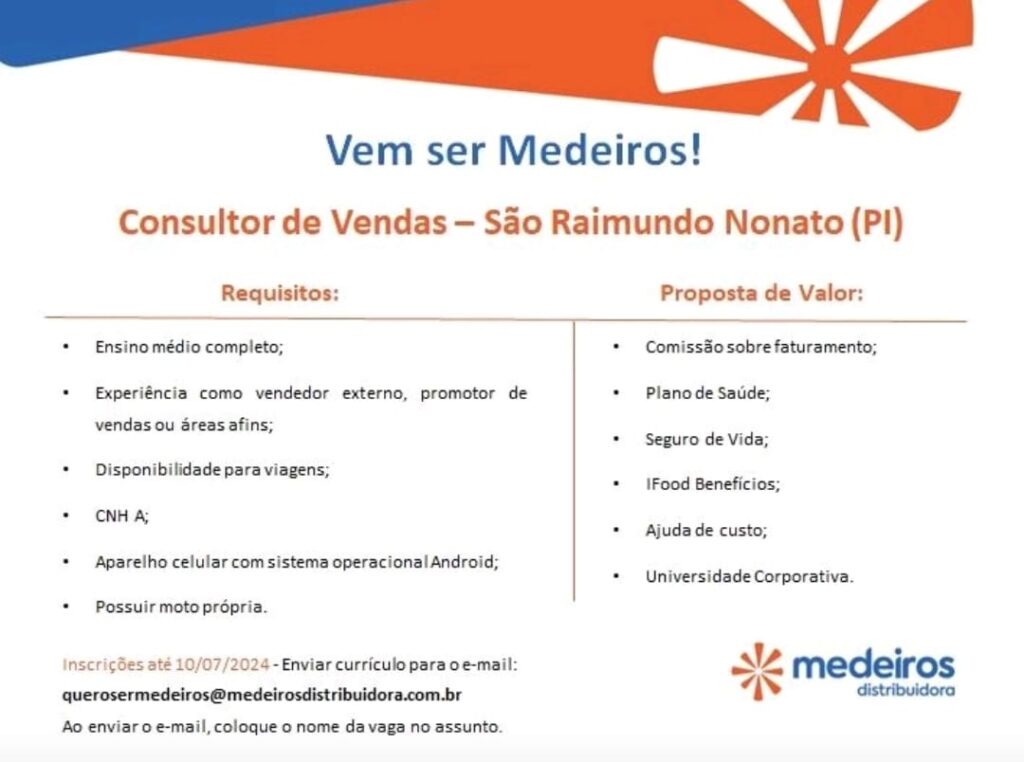 Vaga para Consultor de Vendas em São Raimundo Nonato