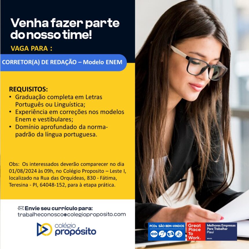 Vaga para Corretor(a) de Redação Modelo Enem