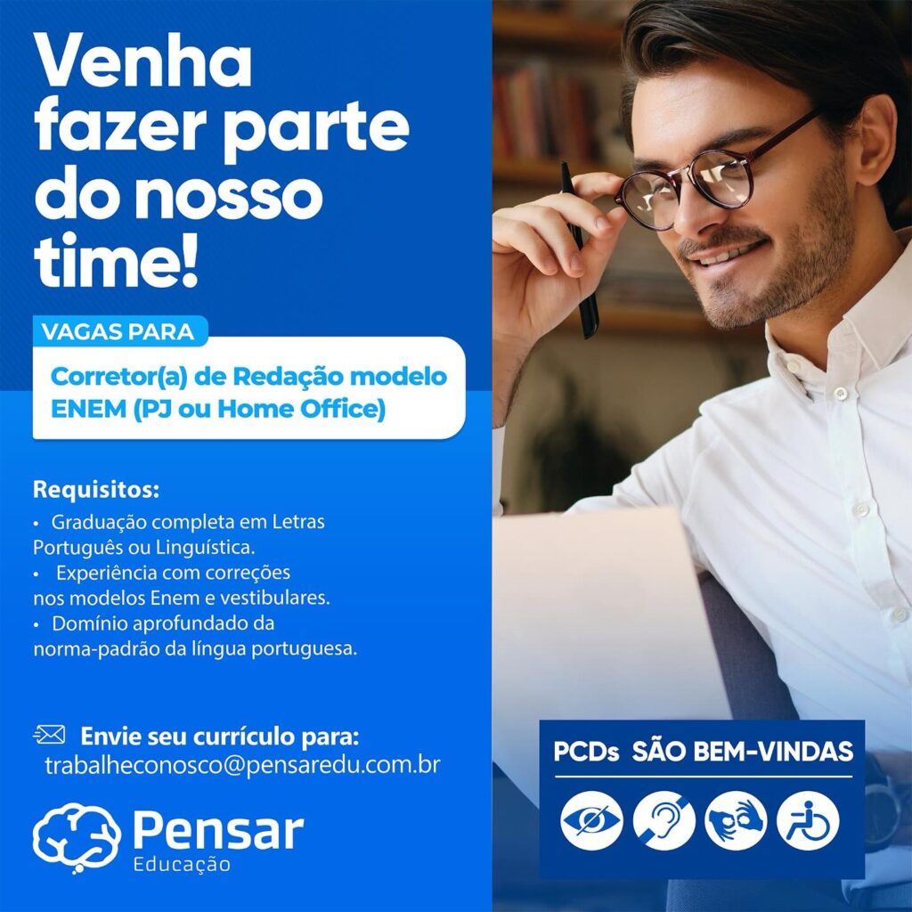 Vaga para Corretor(a) de Redação Modelo Enem (PJ ou Home Office)