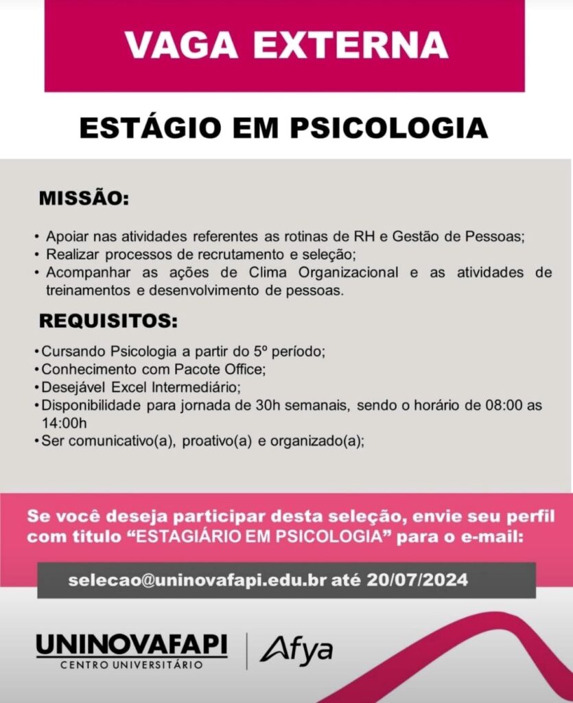 Vaga para Estágio em Psicologia