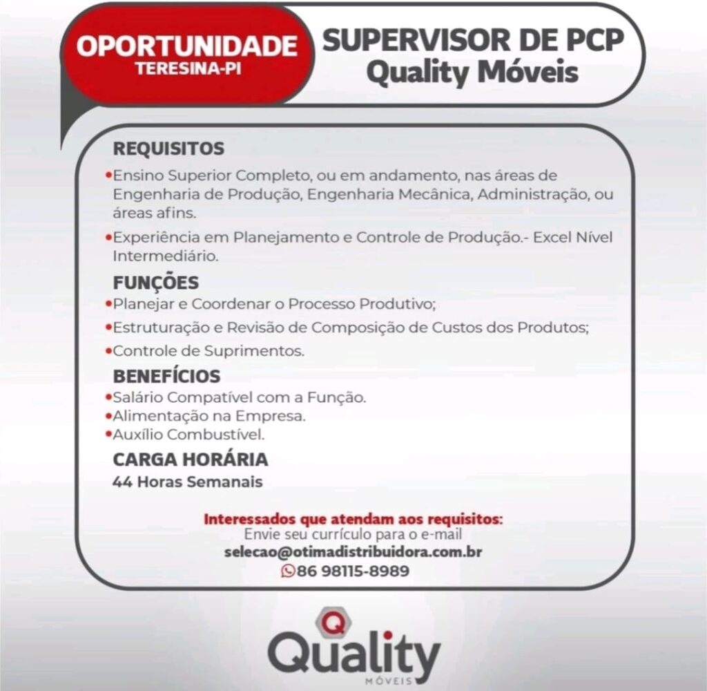 Vaga para Supervisor de PCP