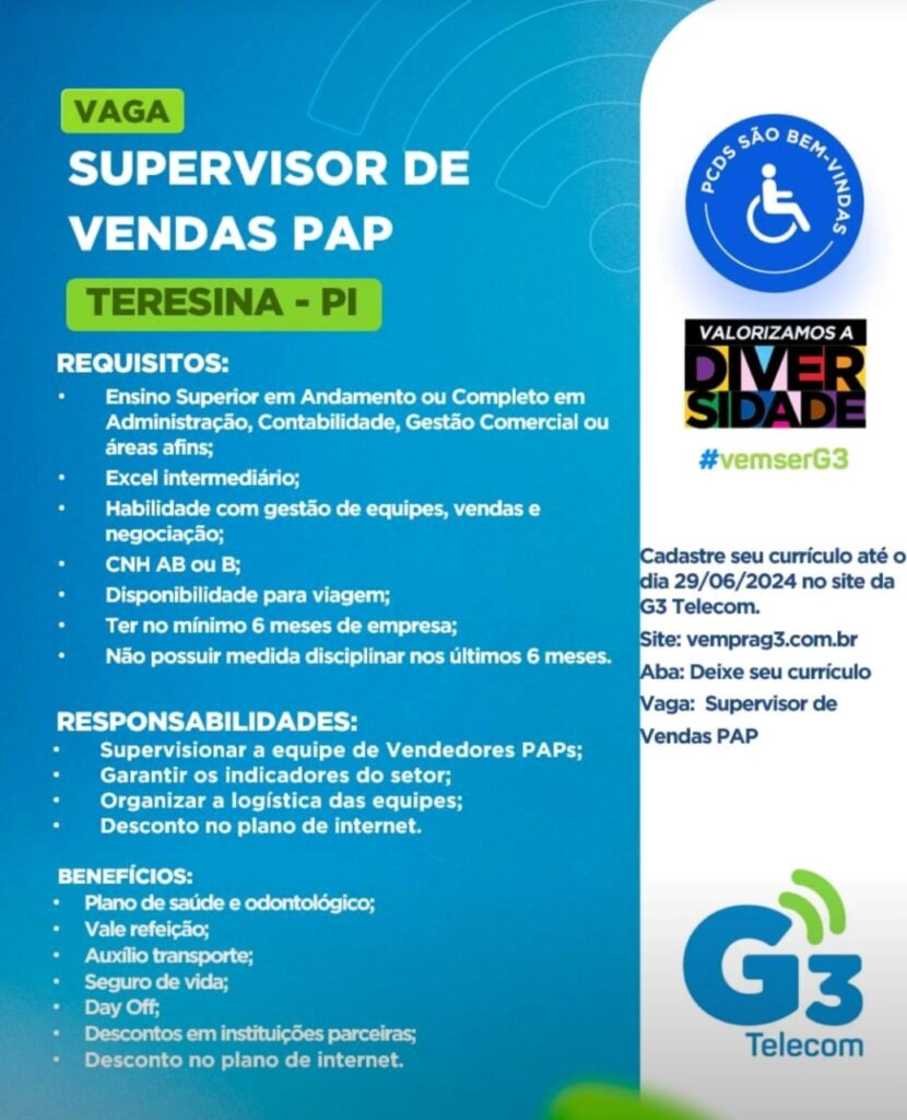 Vaga para Supervisor de Vendas PAP