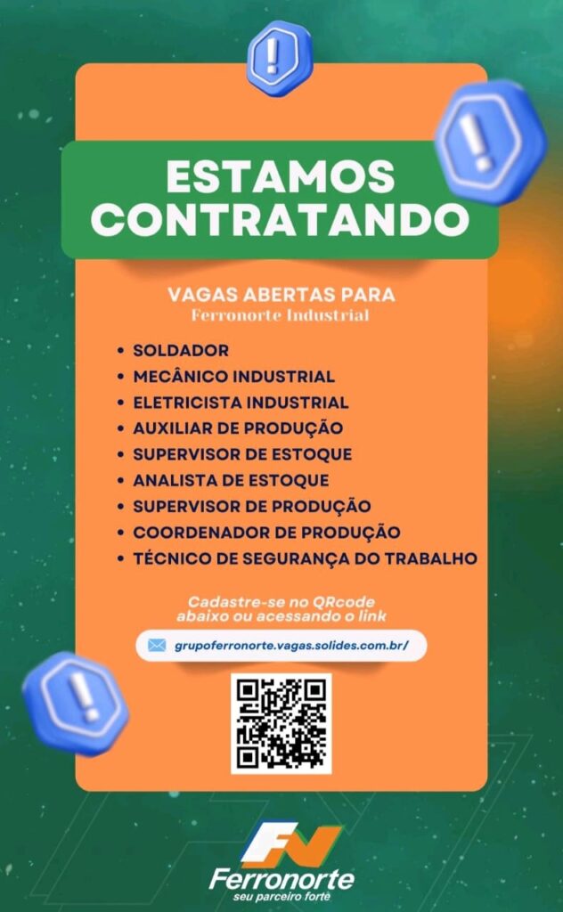 Vagas para Soldador, Mecânico Industrial, Eletricista Industrial, Auxiliar de Produção, Supervisor de Estoque, Analista de Estoque, Supervisor de Produção, Coordenador de Produção e Técnico de Segurança do Trabalho